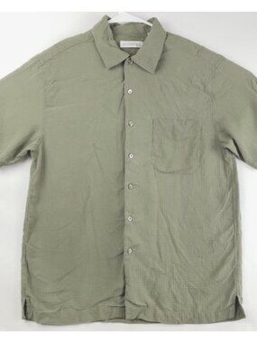 Anthology Silk Shirt Mens Large Green 100% Silk Short Sleeve Classic Button-Up
